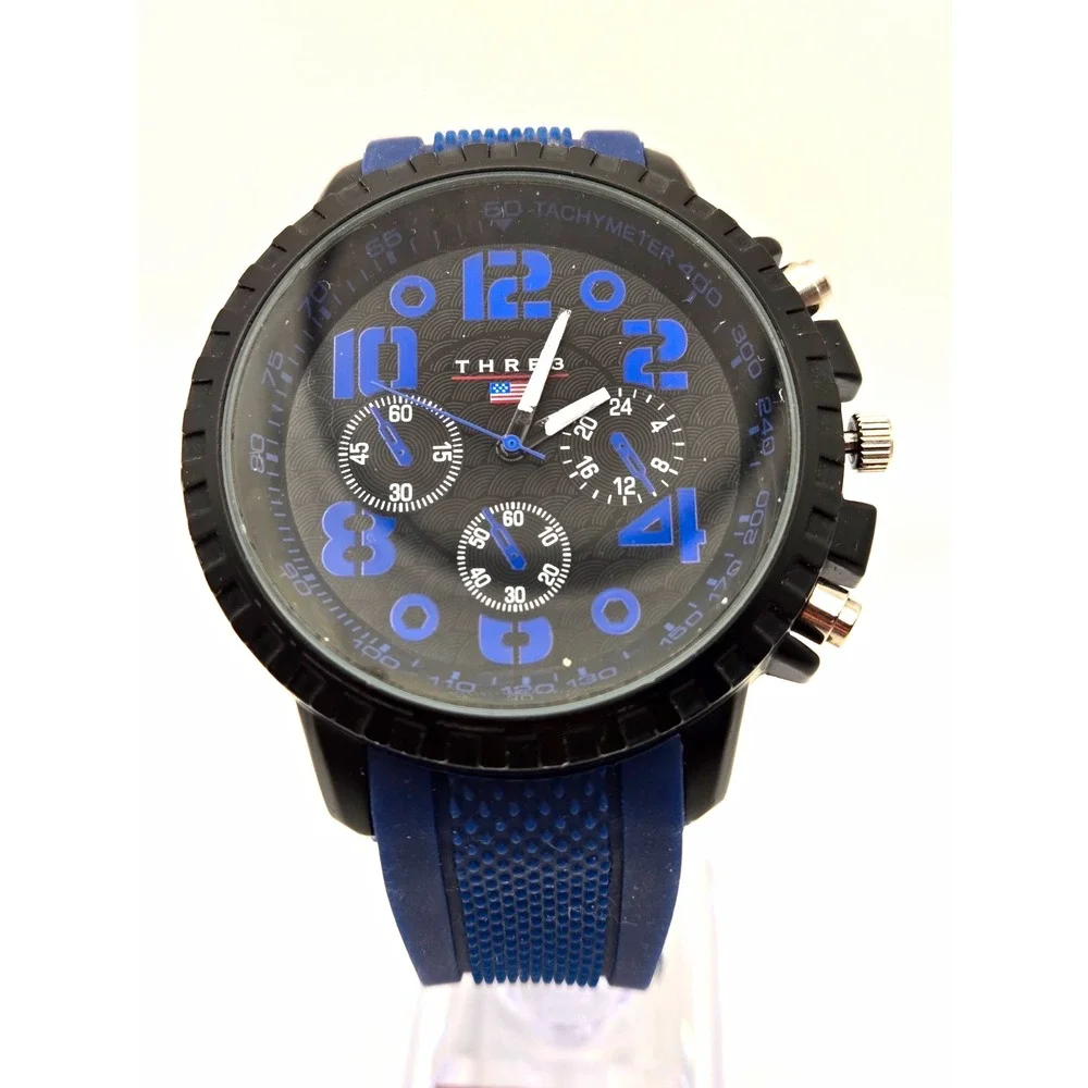 Accutime THRE3 Mens Sport Watch Black/Blue Dial Tachymeter Quartz Blue Silicone